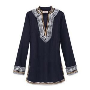 Tory Burch Navy Embroidered Fringe Detail 100% Cotton Tunic Size 8